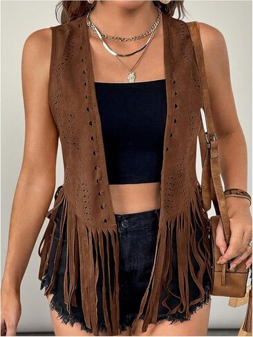 GORGLITTER Women's Plus Size Western Fringe Vest Cardigan 70s Hippie Tassel Sleeveless Open Front Jackets Cowgirl Outfit in Kuwait