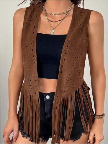GORGLITTER Women's Plus Size Western Fringe Vest Cardigan 70s Hippie Tassel Sleeveless Open Front Jackets Cowgirl Outfit in Kuwait