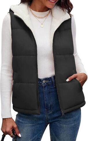 SMENG Women's Puffer Vest Fleece Reversible Hooded Sleeveless Jacket Zip Up Warm Casul Winter Outerwear Pockets in Kuwait