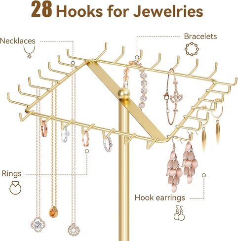 Rotating Necklace Holder Stand Metal Jewelry Organizer Display with 28 Hooks，Necklace Storage for Hanging Keychain Bracelet Long Chains Tree for Girls Women in Kuwait