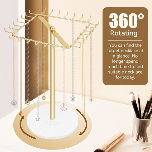 Rotating Necklace Holder Stand Metal Jewelry Organizer Display with 28 Hooks，Necklace Storage for Hanging Keychain Bracelet Long Chains Tree for Girls Women in Kuwait