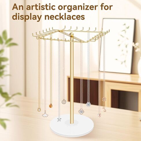 Rotating Necklace Holder Stand Metal Jewelry Organizer Display with 28 Hooks，Necklace Storage for Hanging Keychain Bracelet Long Chains Tree for Girls Women in Kuwait