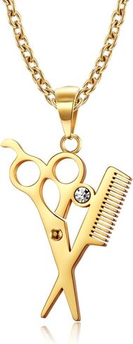Titanium Steel Hairstylist Necklace - Gold/Silver/Black Scissors & Comb Pendant with Crystal, Polished Barber Jewelry for Salon Professionals, Ideal Gift in Kuwait