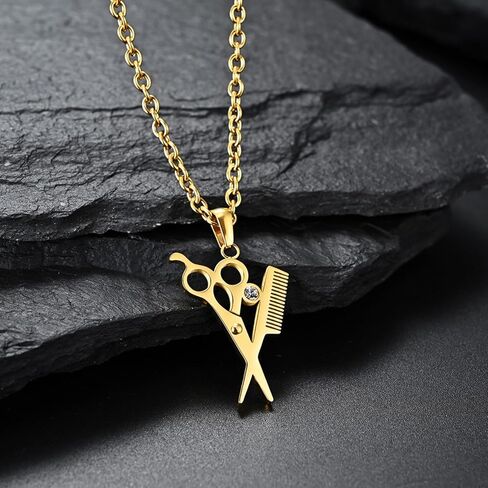 Titanium Steel Hairstylist Necklace - Gold/Silver/Black Scissors & Comb Pendant with Crystal, Polished Barber Jewelry for Salon Professionals, Ideal Gift in Kuwait