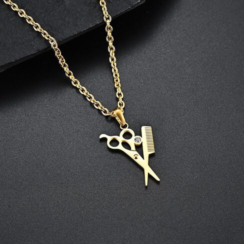 Titanium Steel Hairstylist Necklace - Gold/Silver/Black Scissors & Comb Pendant with Crystal, Polished Barber Jewelry for Salon Professionals, Ideal Gift in Kuwait