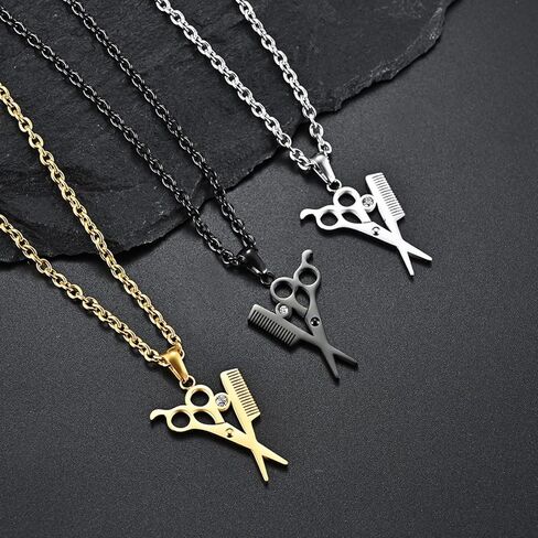 Titanium Steel Hairstylist Necklace - Gold/Silver/Black Scissors & Comb Pendant with Crystal, Polished Barber Jewelry for Salon Professionals, Ideal Gift in Kuwait