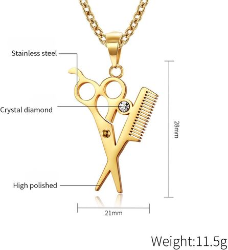 Titanium Steel Hairstylist Necklace - Gold/Silver/Black Scissors & Comb Pendant with Crystal, Polished Barber Jewelry for Salon Professionals, Ideal Gift in Kuwait