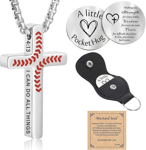 Baseball Bible Verse Cross Necklace for Boys Men and Pocket Hug Token, Stainless Steel Christian Jewelry Religious Gift Teen Birthday Christmas Easter Gifts in Kuwait