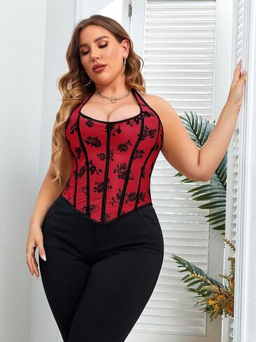 Plus Size Floral Halter Corset Top Lace Up Back Sexy Sweetheart Neck Sleeveless Bustier Bodysuit Outfits for Women in Kuwait