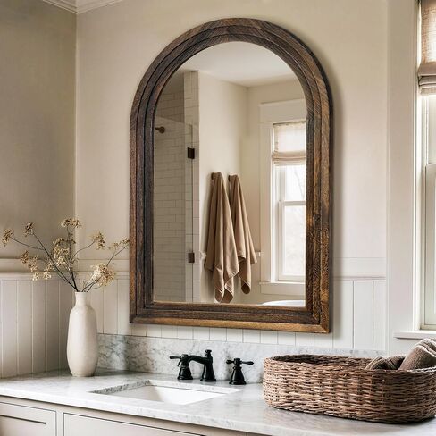 TRAHOME Arched Bathroom Mirror, 38"x26" Brown Wood Frame Wall Mirror, Farmhouse Vintage Vanity Mirror with Layered Frame for Entryway, Living Room, Bedroom in Saudi Arabia