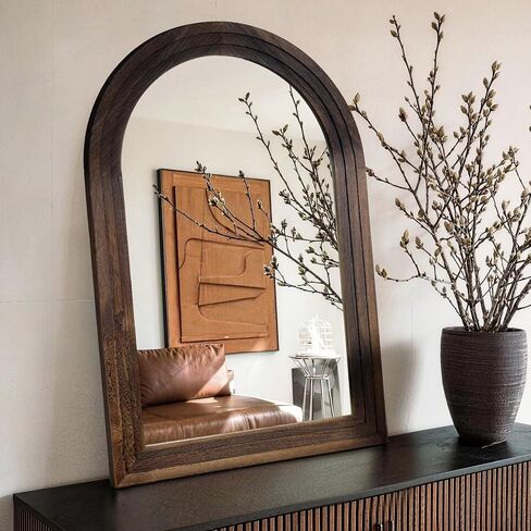 TRAHOME Arched Bathroom Mirror, 38"x26" Brown Wood Frame Wall Mirror, Farmhouse Vintage Vanity Mirror with Layered Frame for Entryway, Living Room, Bedroom in Saudi Arabia