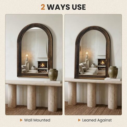 TRAHOME Arched Bathroom Mirror, 38"x26" Brown Wood Frame Wall Mirror, Farmhouse Vintage Vanity Mirror with Layered Frame for Entryway, Living Room, Bedroom in Saudi Arabia