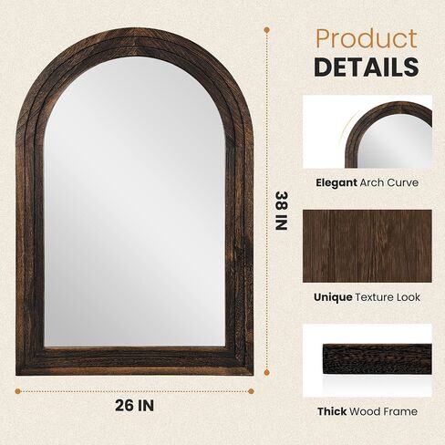 TRAHOME Arched Bathroom Mirror, 38"x26" Brown Wood Frame Wall Mirror, Farmhouse Vintage Vanity Mirror with Layered Frame for Entryway, Living Room, Bedroom in Saudi Arabia