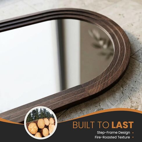 TRAHOME Arched Bathroom Mirror, 38"x26" Brown Wood Frame Wall Mirror, Farmhouse Vintage Vanity Mirror with Layered Frame for Entryway, Living Room, Bedroom in Saudi Arabia