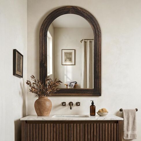 TRAHOME Arched Bathroom Mirror, 38"x26" Brown Wood Frame Wall Mirror, Farmhouse Vintage Vanity Mirror with Layered Frame for Entryway, Living Room, Bedroom in Saudi Arabia