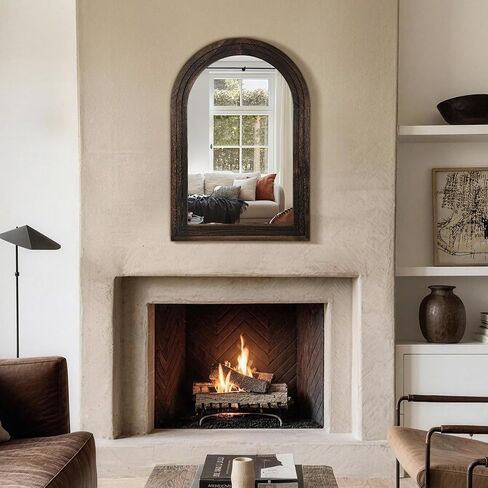 TRAHOME Arched Bathroom Mirror, 38"x26" Brown Wood Frame Wall Mirror, Farmhouse Vintage Vanity Mirror with Layered Frame for Entryway, Living Room, Bedroom in Saudi Arabia