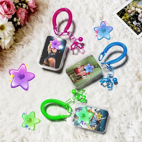 6 Pcs Photocard Holder with Spiral Lanyard and Bell, Clear Hard Case for Kpop Photos, ID Badge, Credit and Trading Cards, 6 Color Options for Lanyard and Star in Saudi Arabia