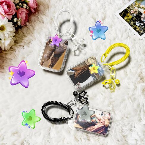 6 Pcs Photocard Holder with Spiral Lanyard and Bell, Clear Hard Case for Kpop Photos, ID Badge, Credit and Trading Cards, 6 Color Options for Lanyard and Star in Saudi Arabia