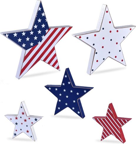4th of July Decorations Wooden Star Set of 5, Patriotic Memorial Day Independence Day Veterans Day Labor Day Tiered Tray Decor, Red White and Blue Tabletop Americana Home Office Decor (Star) in Saudi Arabia