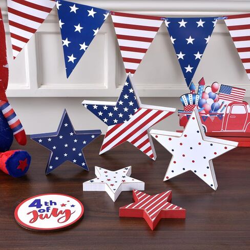 4th of July Decorations Wooden Star Set of 5, Patriotic Memorial Day Independence Day Veterans Day Labor Day Tiered Tray Decor, Red White and Blue Tabletop Americana Home Office Decor (Star) in Saudi Arabia