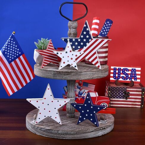 4th of July Decorations Wooden Star Set of 5, Patriotic Memorial Day Independence Day Veterans Day Labor Day Tiered Tray Decor, Red White and Blue Tabletop Americana Home Office Decor (Star) in Saudi Arabia