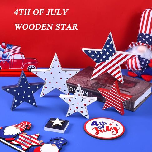 4th of July Decorations Wooden Star Set of 5, Patriotic Memorial Day Independence Day Veterans Day Labor Day Tiered Tray Decor, Red White and Blue Tabletop Americana Home Office Decor (Star) in Saudi Arabia