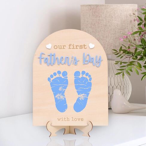 Our First Fathers Day Wood Sign - Dad Wood Board Milestone Craft, Fathers Day Footprint keepsake, Blue Fathers Day Wood Sign Plaque With Stands, Fathers Day Photo Prop Decorations in Kuwait