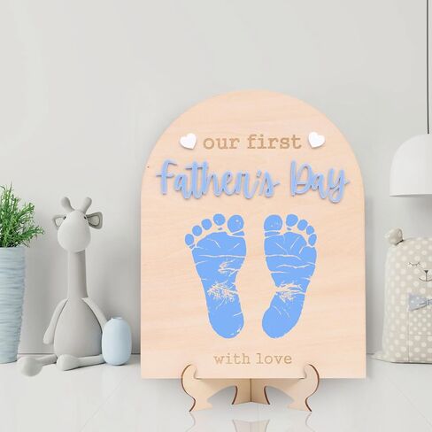 Our First Fathers Day Wood Sign - Dad Wood Board Milestone Craft, Fathers Day Footprint keepsake, Blue Fathers Day Wood Sign Plaque With Stands, Fathers Day Photo Prop Decorations in Kuwait
