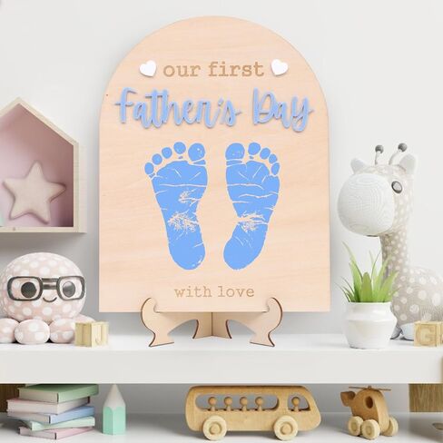 Our First Fathers Day Wood Sign - Dad Wood Board Milestone Craft, Fathers Day Footprint keepsake, Blue Fathers Day Wood Sign Plaque With Stands, Fathers Day Photo Prop Decorations in Kuwait