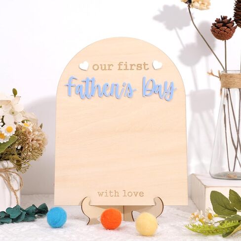 Our First Fathers Day Wood Sign - Dad Wood Board Milestone Craft, Fathers Day Footprint keepsake, Blue Fathers Day Wood Sign Plaque With Stands, Fathers Day Photo Prop Decorations in Kuwait
