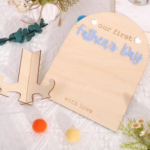 Our First Fathers Day Wood Sign - Dad Wood Board Milestone Craft, Fathers Day Footprint keepsake, Blue Fathers Day Wood Sign Plaque With Stands, Fathers Day Photo Prop Decorations in Kuwait