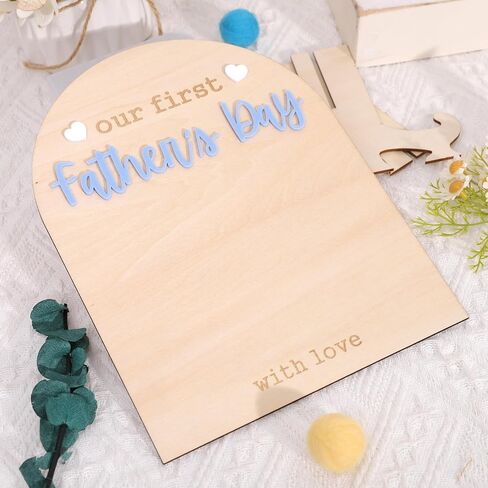 Our First Fathers Day Wood Sign - Dad Wood Board Milestone Craft, Fathers Day Footprint keepsake, Blue Fathers Day Wood Sign Plaque With Stands, Fathers Day Photo Prop Decorations in Kuwait