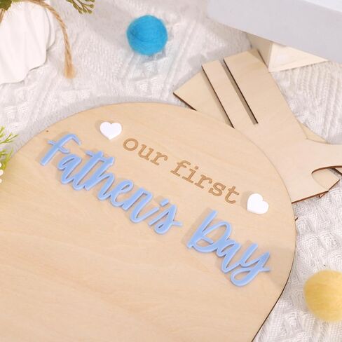 Our First Fathers Day Wood Sign - Dad Wood Board Milestone Craft, Fathers Day Footprint keepsake, Blue Fathers Day Wood Sign Plaque With Stands, Fathers Day Photo Prop Decorations in Kuwait