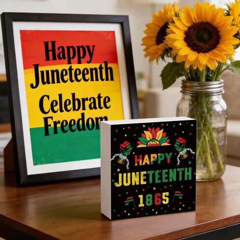 ديكورات Juneteenth Juneteenth 1865 علامة الموسم الداخلي، صندوق خشبي ريفي خشبي للمنزل وغرفة الحمام ورف المكتب وديكور المنزل وهدايا دافئة 5.9 × 5.9 بوصة in Kuwait