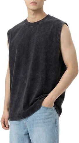 Men's Vintage Acid Wash Workout Tank Top Cotton Muscle Shirt Loose Fit Gym Tee in Saudi Arabia