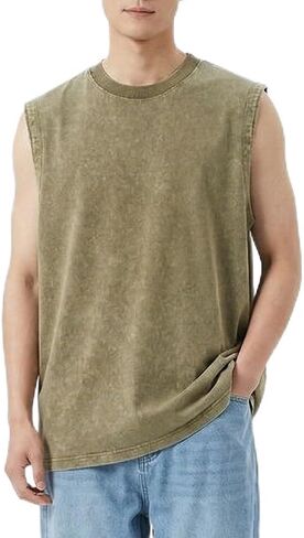 Men's Vintage Acid Wash Workout Tank Top Cotton Muscle Shirt Loose Fit Gym Tee in Saudi Arabia