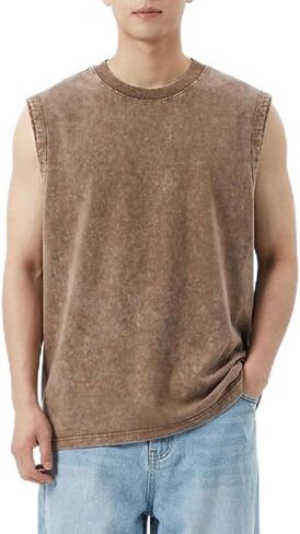 Men's Vintage Acid Wash Workout Tank Top Cotton Muscle Shirt Loose Fit Gym Tee in Saudi Arabia