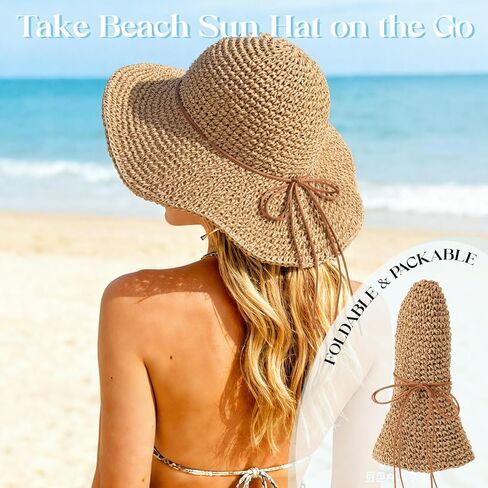 Beach Sun Straw Hats for Women, Floppy Summer Straw Hats, Foldable Packable Roll up Cap Tan in Saudi Arabia
