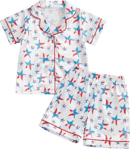 fyclemt Toddler Baby Girl Boy 4th of July Silk Pajama Set Feather Trim Short Sleeve Shirts Pajama Shorts Sleepwear Nightgown in Saudi Arabia
