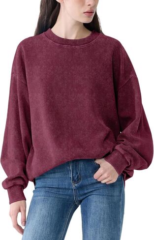 FAIABLE Crewneck Sweatshirts Women Waffle Oversized Sweatshirt for Women Acid Wash Fashion Pullover Hoodies Tops 2026 Spring in Kuwait