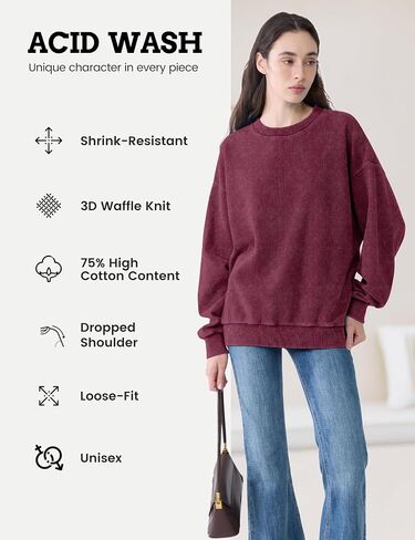 FAIABLE Crewneck Sweatshirts Women Waffle Oversized Sweatshirt for Women Acid Wash Fashion Pullover Hoodies Tops 2026 Spring in Kuwait