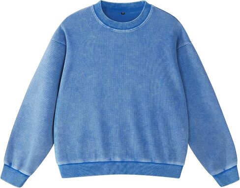 FAIABLE Crewneck Sweatshirts Women Waffle Oversized Sweatshirt for Women Acid Wash Fashion Pullover Hoodies Tops 2026 Spring in Kuwait