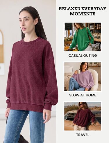 FAIABLE Crewneck Sweatshirts Women Waffle Oversized Sweatshirt for Women Acid Wash Fashion Pullover Hoodies Tops 2026 Spring in Kuwait