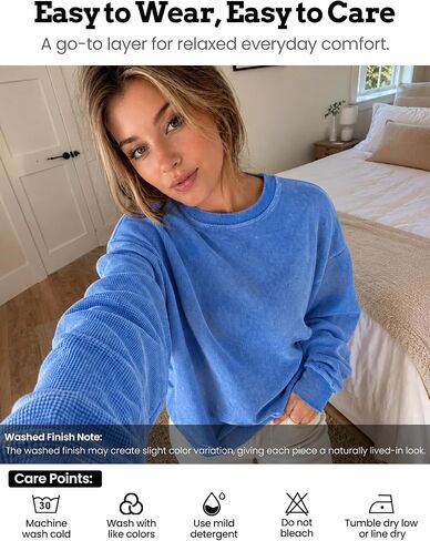 FAIABLE Crewneck Sweatshirts Women Waffle Oversized Sweatshirt for Women Acid Wash Fashion Pullover Hoodies Tops 2026 Spring in Kuwait