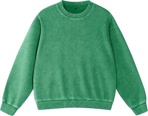 FAIABLE Crewneck Sweatshirts Women Waffle Oversized Sweatshirt for Women Acid Wash Fashion Pullover Hoodies Tops 2026 Spring in Kuwait