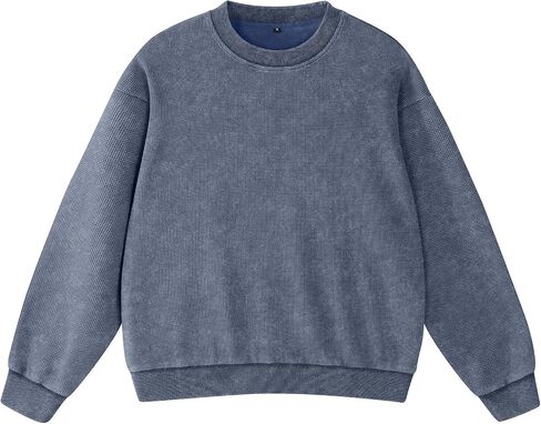 FAIABLE Crewneck Sweatshirts Women Waffle Oversized Sweatshirt for Women Acid Wash Fashion Pullover Hoodies Tops 2026 Spring in Kuwait