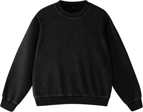FAIABLE Crewneck Sweatshirts Women Waffle Oversized Sweatshirt for Women Acid Wash Fashion Pullover Hoodies Tops 2026 Spring in Kuwait