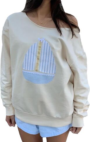 Women's Off One Shoulder Sweatshirt Sailboats Ocean Patch Fall Long Sleeve Casual Pullover Shirt Tops in Saudi Arabia