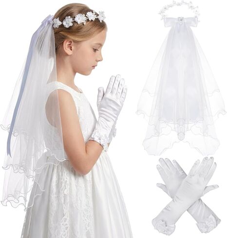 2 Pcs Girls First Communion Veil and Gloves Set White Bowknot Floral Veil Holy Communion Accessories Flower Crown Hair Wreath for Wedding Party in Kuwait