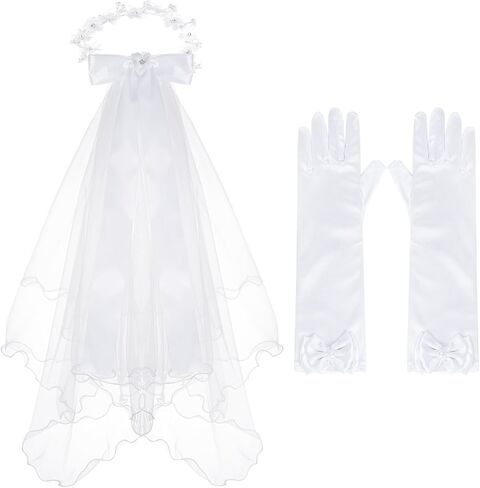 2 Pcs Girls First Communion Veil and Gloves Set White Bowknot Floral Veil Holy Communion Accessories Flower Crown Hair Wreath for Wedding Party in Kuwait